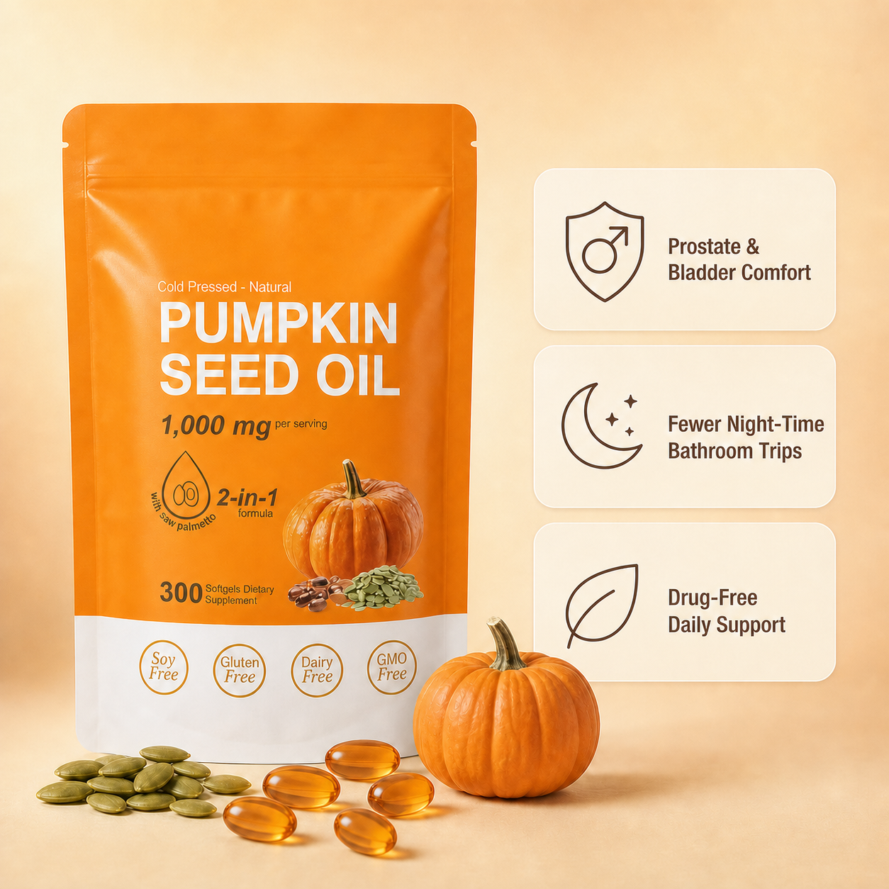 Pumpkin Seed Oil + Saw Palmetto Softgels — Prostate & Nighttime Support