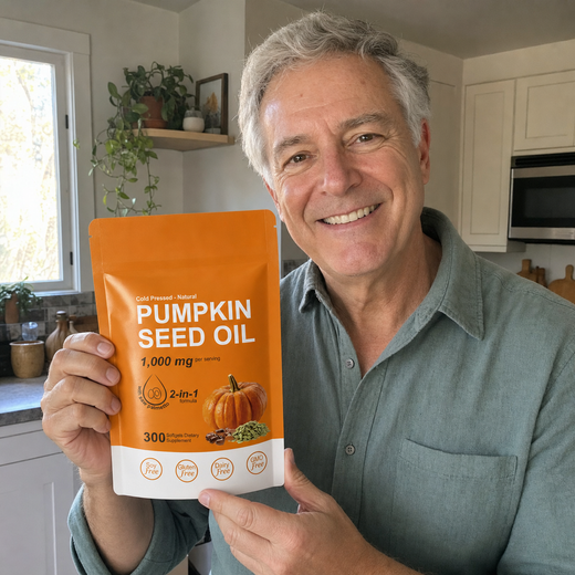 A man in his kitchen holding the Beworths pouch