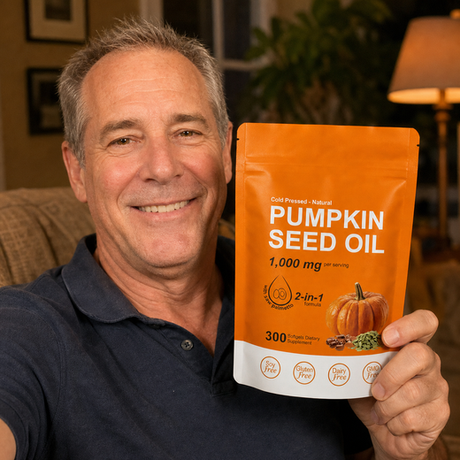 A man in his living room holding the Beworths pouch